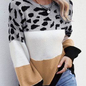 Animal Print Color Block Sweater,Medium,Black/White/Khaki,NWT